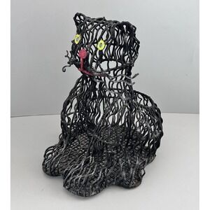 Vintage Creepy & Weird Black Cat Shaped Wire Basket Halloween Trinket Container